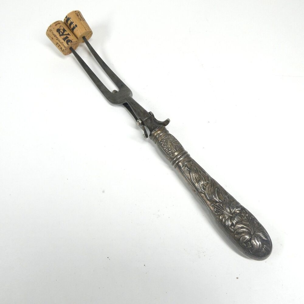 Meat Roast Carving Fork Repousse Floral Handle Vintage Silverplate